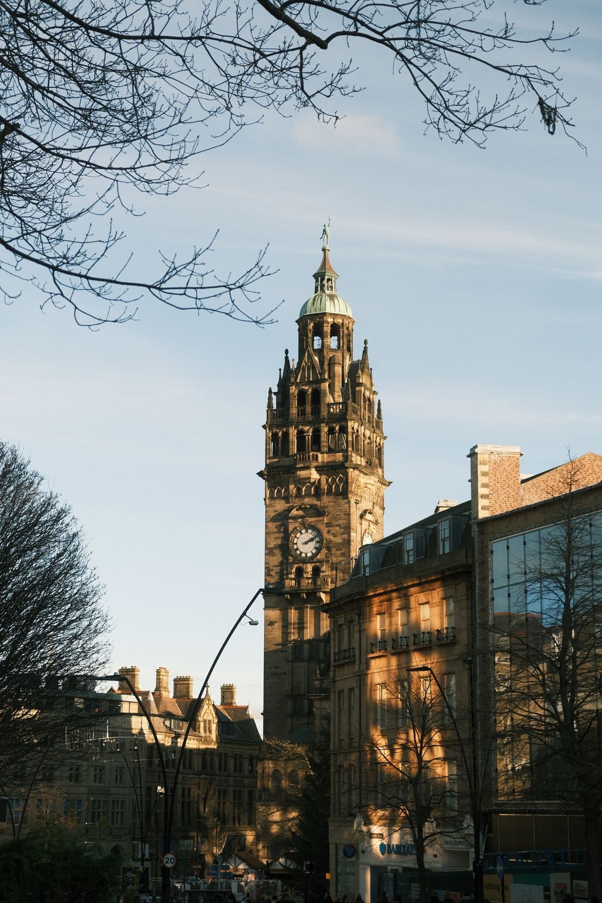 Sheffield Town Hall clock tower in evening light